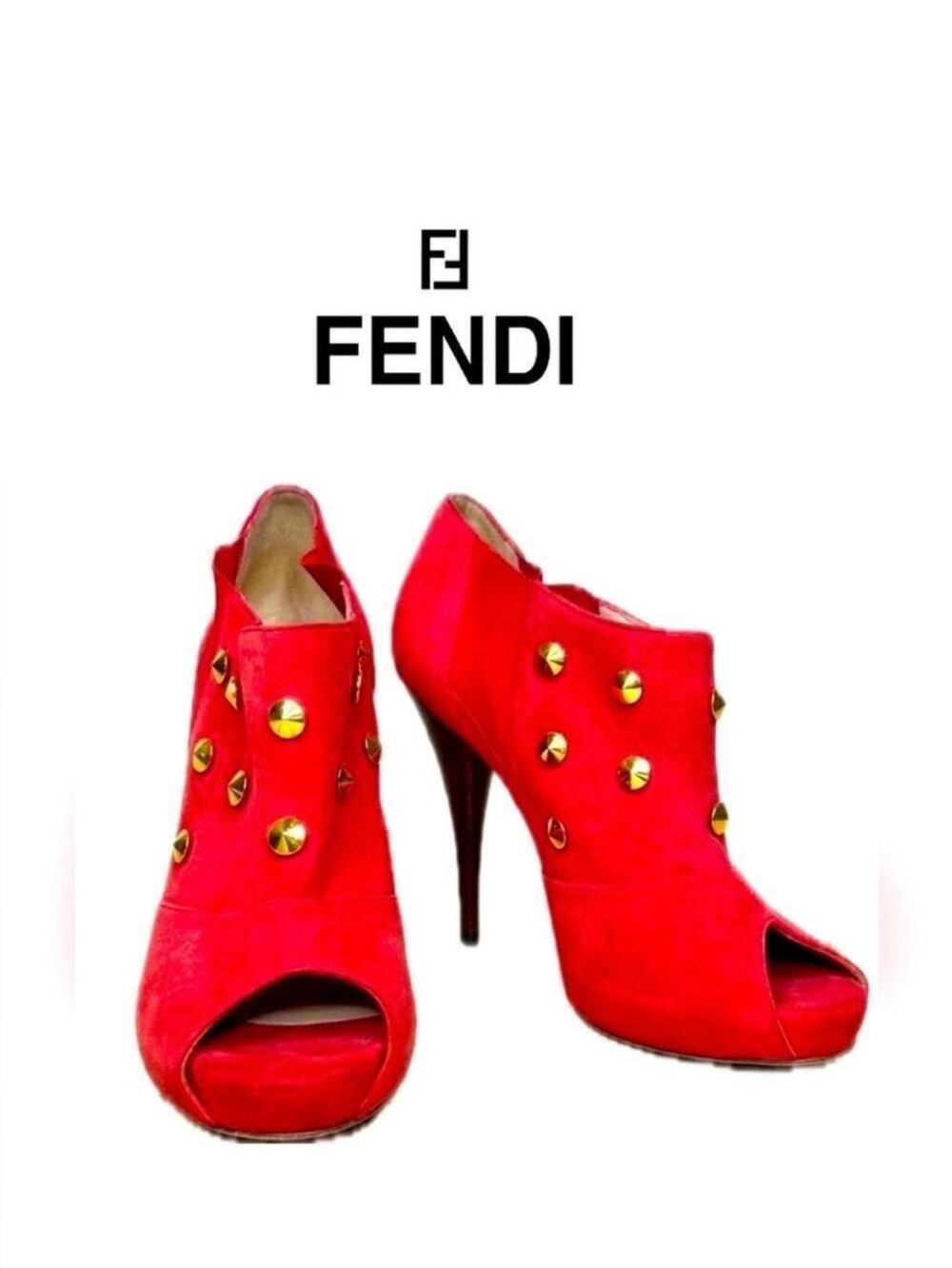 💋RARE FIND! Fendi Red Studded Suede Platform Peep-Toe Booties, Size 5.5💋